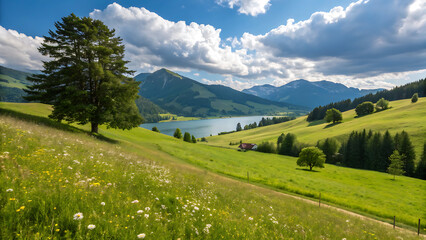 Obraz premium Idyllic alpine landscape with a tranquil lake nestled amidst rolling green hills, majestic mountains, and a vibrant blue sky dotted with fluffy clouds