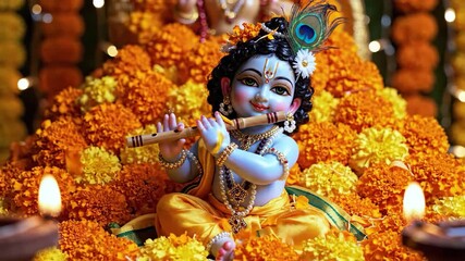 Krishna idol with marigolds — devotional festive scene