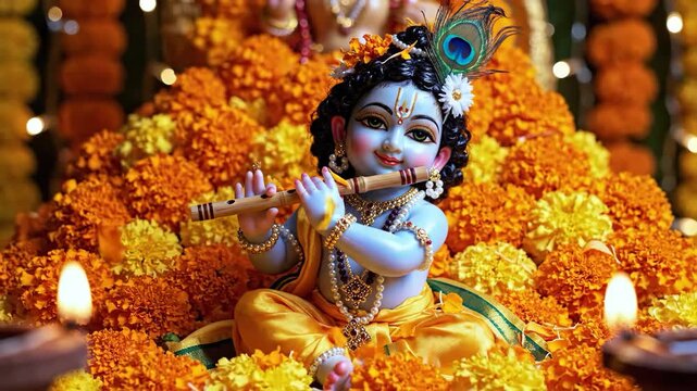 Krishna idol with marigolds &mdash; devotional festive scene