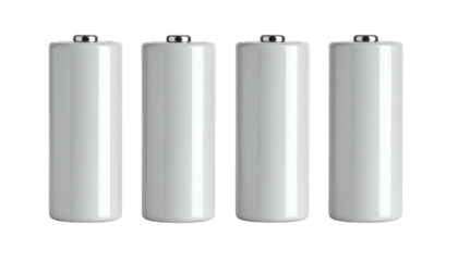 Four white cylindrical objects with metallic tops, likely energy storage devices, on a black ground