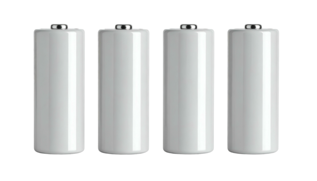 Four white cylindrical objects with metallic tops, likely energy storage devices, on a black ground