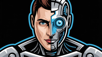 A captivating halfhuman, halfrobot cyborg with a mesmerizing blue eye, embodying the fusion of technology and humanity in a striking design