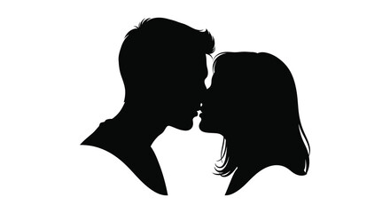 Silhouette of a loving couple sharing a tender kiss against a clean white background symbolizing romance and connection