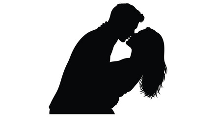 Romantic silhouette of a couple embracing and kissing against a bright white background