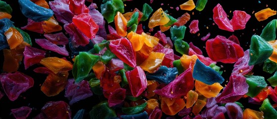 Abstract composition of colorful glass fragments floating in mid air