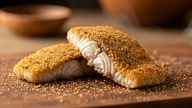 Crispy Breaded Cod Fillets Golden Brown Texture on Wooden Board with Ceramic Bowl in Background Delicious Seafood Cuisine Close-Up with Warm Lighting Comfort Food Presentation Gourmet Cooking
