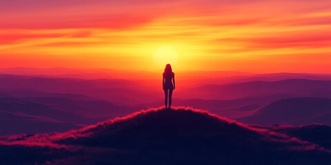 Obraz premium Silhouette of a woman standing alone on a hill during sunset