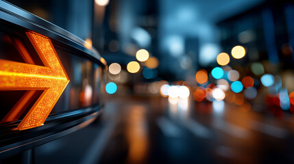 A glowing orange LED arrow sign in the city, contrasting with the blurred city streets, filled with colorful bokeh lights at night, conveys direction, movement, and life in the modern city.