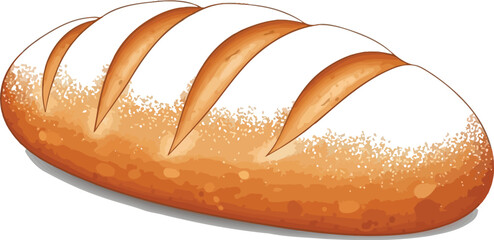 Freshly baked bread loaf dusted with powdered sugar on a clean white background