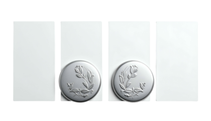 Four white rectangles with floral-embossed silver circles, set against a black background