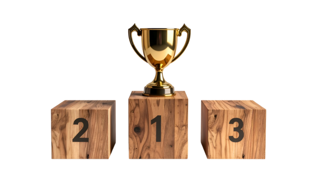 A gold trophy sits atop the first-place podium, with place numbers on each block