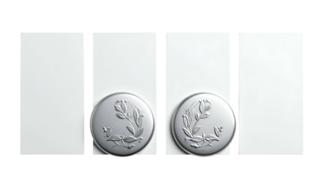 Four white rectangles with floral-embossed silver circles, set against a black background