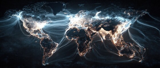Global data flow visualization abstract world map with network connections