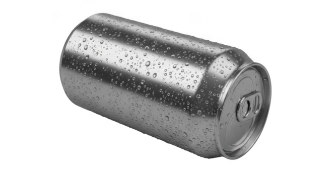Empty aluminum can cylinder isolated on transparent background with reflective metal surface