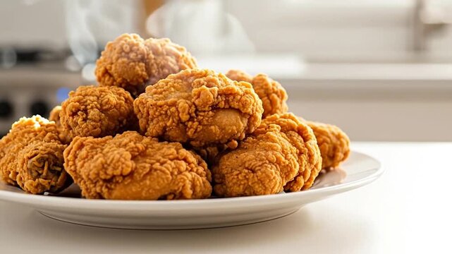Heap of Golden Crispy Fried Chicken on White Plate with Steaming Heat in Bright Kitchen Setting Delicious Comfort Food Gourmet Culinary Photography  Up Close Shot  Delicious Comfort Food ?198 char
