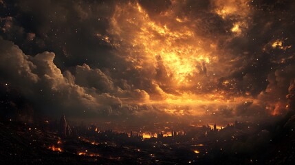 Fototapeta premium A fiery sky above a city with glowing embers.