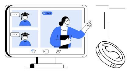 Teacher presenting during a live online class on a computer screen with students in graduation caps. Ideal for education, remote learning, e-learning, knowledge sharing, virtual communication