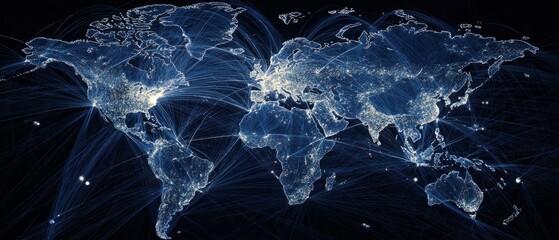 Global network connections visualized on a map with glowing lines