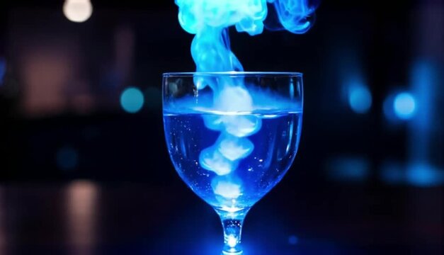Conceptual video of a smoky blue potion in a wine glass