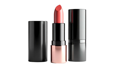 A vibrant lipstick with open cap and tube, against black background