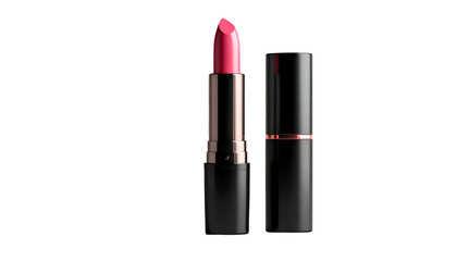 Crimson lipstick displayed open with its cap beside it on a solid black background