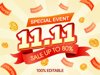 Bright 11.11 super sale event banner, featuring bold yellow numbers, November 11 Sale text, flying coupon tickets, sparkling stars, and a bright blue rays background. 3d vector. Vector illustration