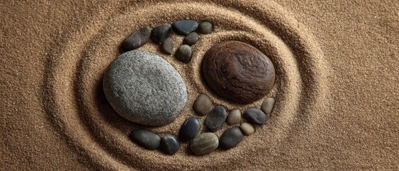 Zen garden composition with sand and stones representing balance