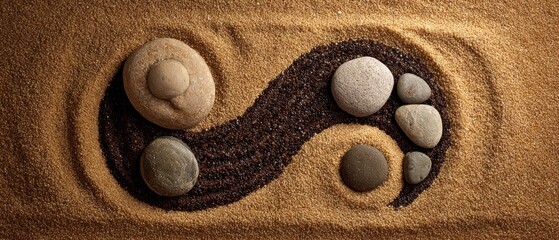Abstract yin yang symbol with stones in sand texture composition