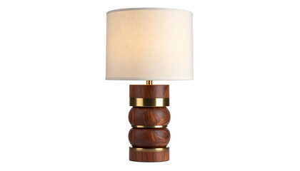 Stylish table lamp with a wooden base, gold accent, and a white lampshade, isolated on black