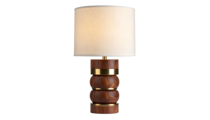 Stylish table lamp with a wooden base, gold accent, and a white lampshade, isolated on black