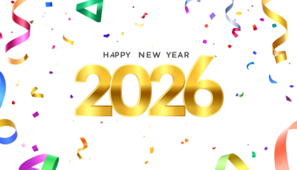 Festive black background with gold "2026" text, confetti, and colorful streamers