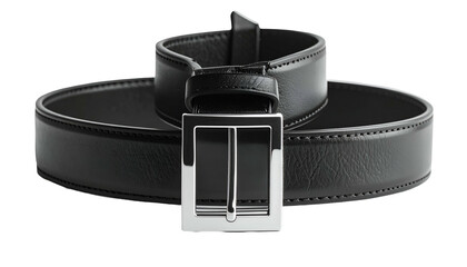 A rolled black leather belt with a square silver buckle, set against a black background