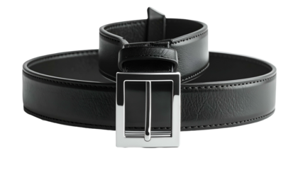 A rolled black leather belt with a square silver buckle, set against a black background