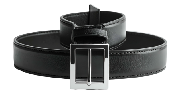 A rolled black leather belt with a square silver buckle, set against a black background