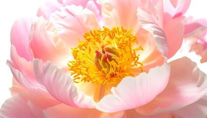 Close-up of a delicate, layered pink and yellow flower with soft lighting
