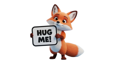 Adorable fox cub asking for a hug with a sign, perfect for Valentine's Day or a sweet message