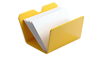A 3D-rendered yellow folder filled with white paper, isolated on a black background