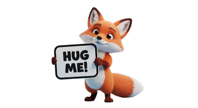 Adorable fox cub asking for a hug with a sign, perfect for Valentine's Day or a sweet message