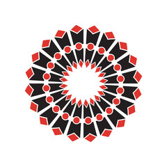 Abstract geometric mandala design in black and red, modern circular pattern with diamond shapes and radial symmetry, decorative vector ornament illustration.