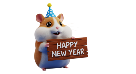 Adorable hamster wishes happy new year with festive party hat holding wooden sign for holiday greetings