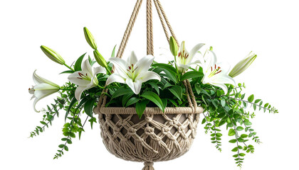 A hanging macrame planter overflows with white lilies and ferns
