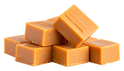 A pile of caramel squares, golden and glistening, ready to be enjoyed