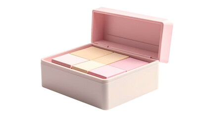A small, open, rectangular box with six squares of pastel-colored materials