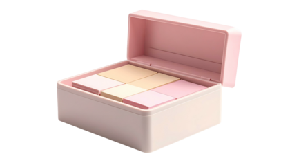A small, open, rectangular box with six squares of pastel-colored materials