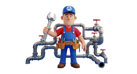 Friendly plumber cartoon character holding wrench ready to fix pipes, a trusted home repair solution