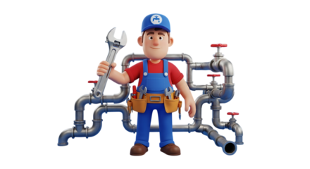 Friendly plumber cartoon character holding wrench ready to fix pipes, a trusted home repair solution