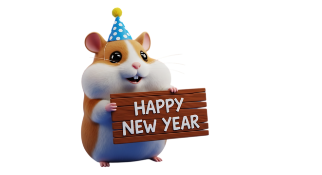 Adorable hamster wishes happy new year with festive party hat holding wooden sign for holiday greetings