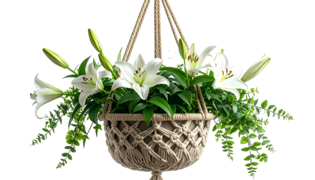 A hanging macrame planter overflows with white lilies and ferns