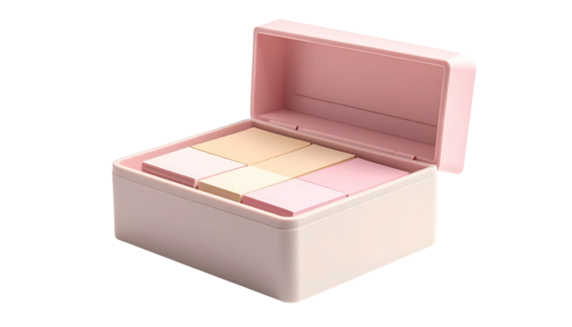 A small, open, rectangular box with six squares of pastel-colored materials