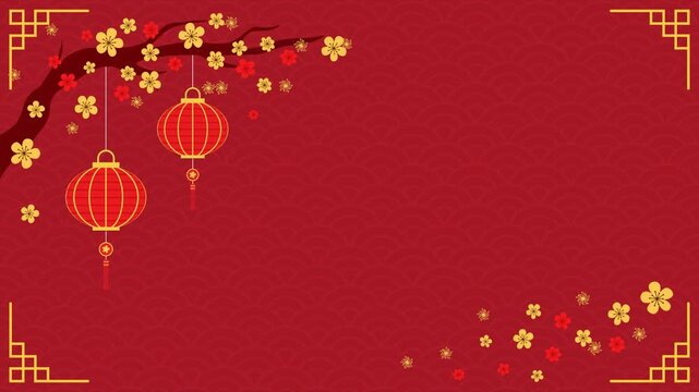 2026 Chinese New Year motion animation. Chinese new year celebrations with red pattern, lanterns, and blossoms.  Chinese New Year background loop animation.